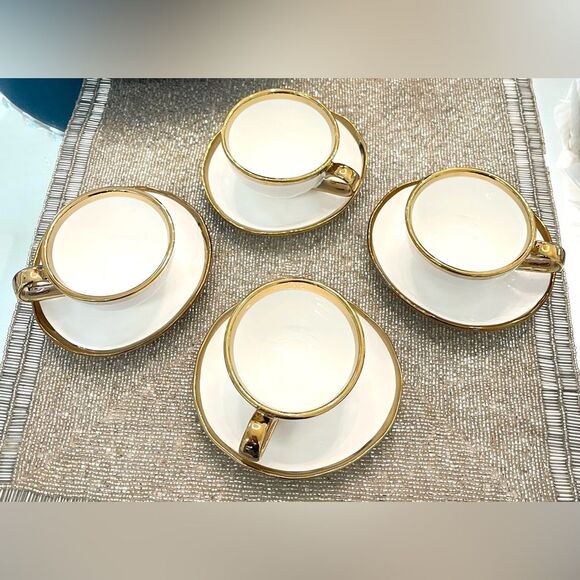 Set of 4 Gold Metallic Porcelain Cup & Saucer